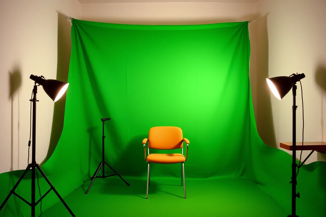 Pop-up green screen on telescopic stands lit evenly by two soft lights