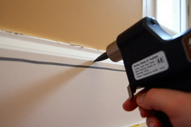 Acoustic sealant bead applied along skirting board gap in recording room. How to soundproof a room for recording UK: cheap DIY guide