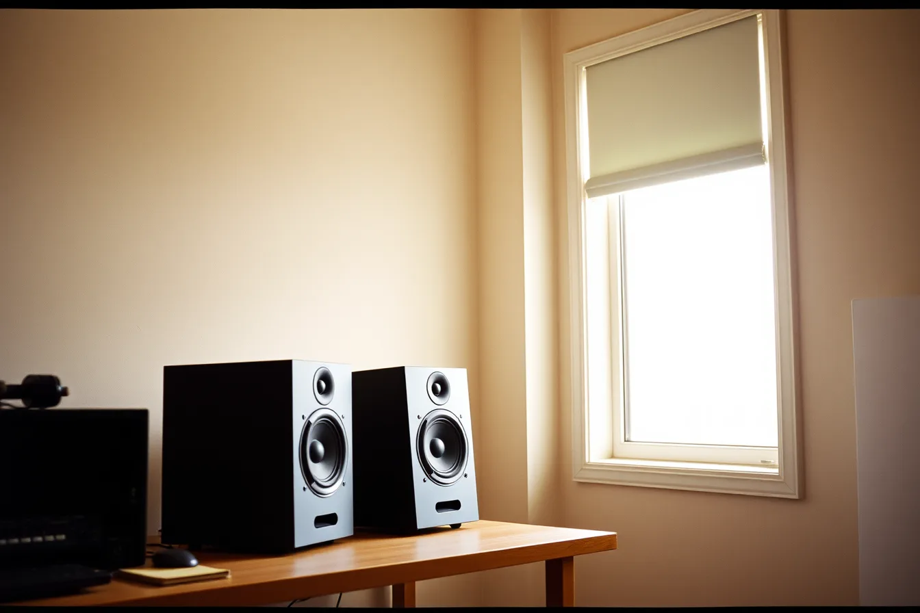 Compact studio monitors on isolation pads in a small bedroom studio