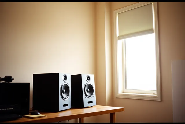 Compact studio monitors on isolation pads in a small bedroom studio. Studio monitors for small rooms UK: top picks for bedroom studios