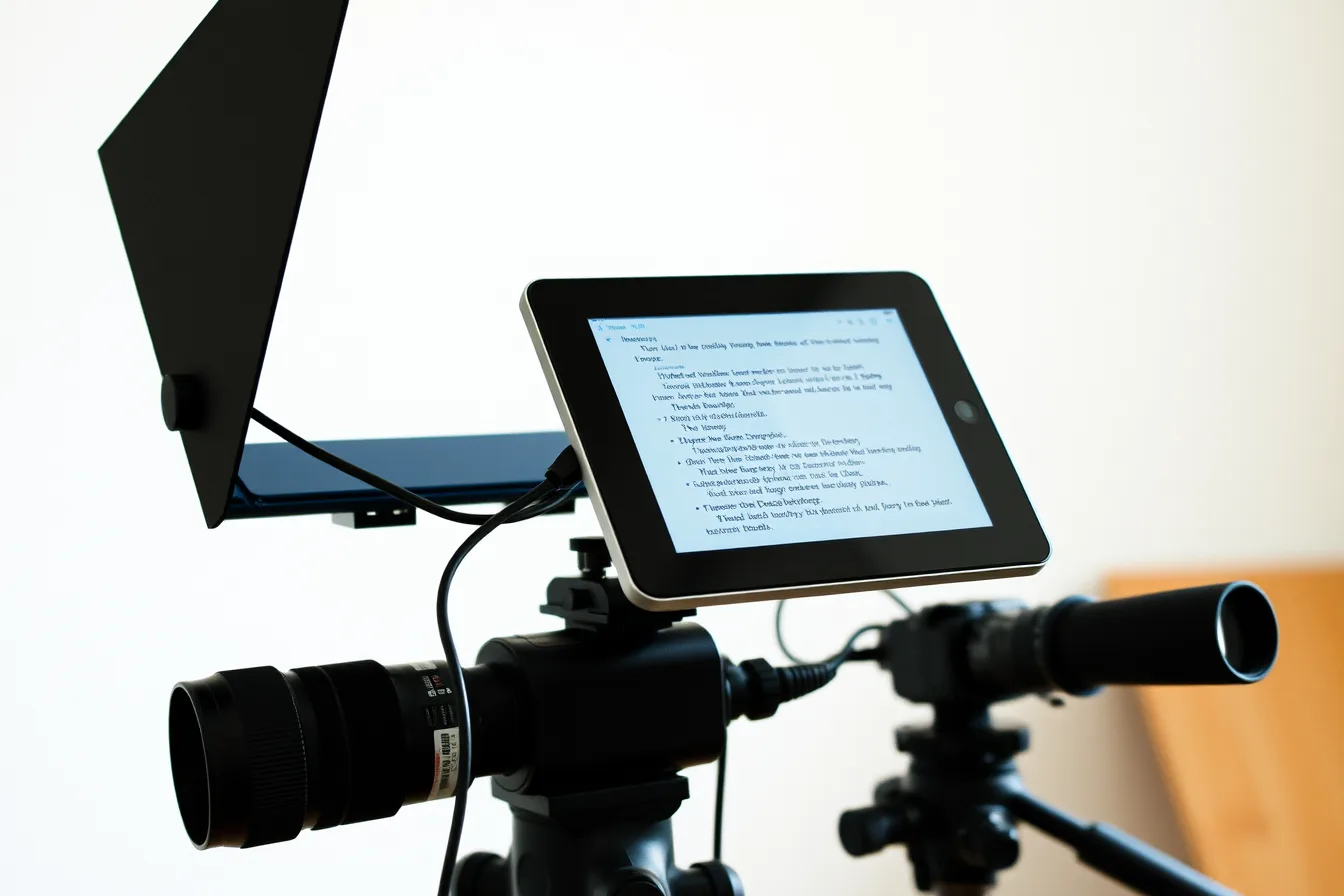 Teleprompter with tablet and beam splitter glass mounted in front of camera lens
