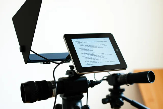 Teleprompter with tablet and beam splitter glass mounted in front of camera lens. Teleprompter for YouTube videos UK: do you need one?