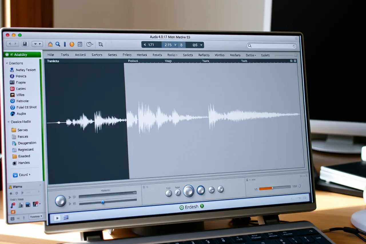Audacity 4.0.0 window with waveform track and editing controls (Creator studio equipment: a dated shortlist of four desktop tools)