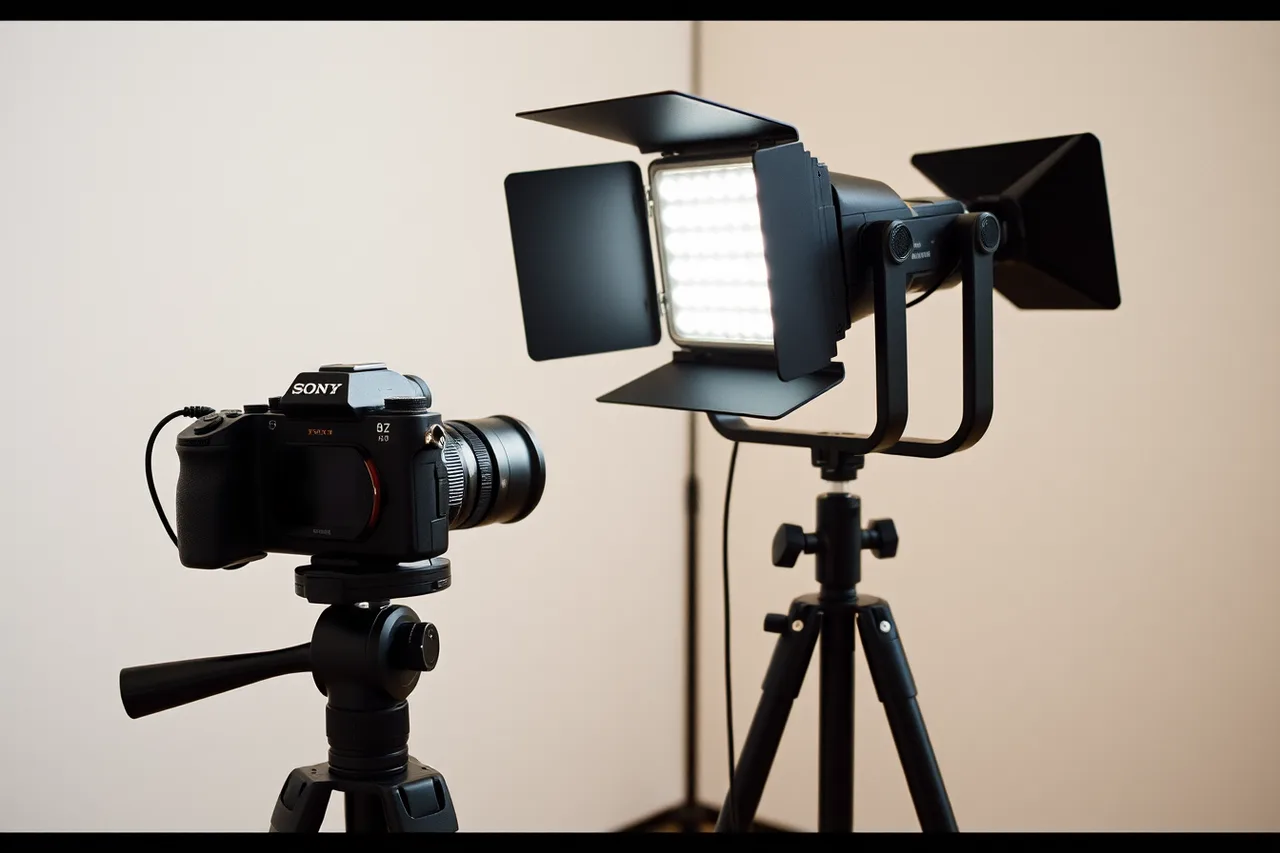 Sony FX30 camera and Aputure 120D II light in studio setup (Creator studio equipment pricing models compared: buy, hire, subscribe or finance)